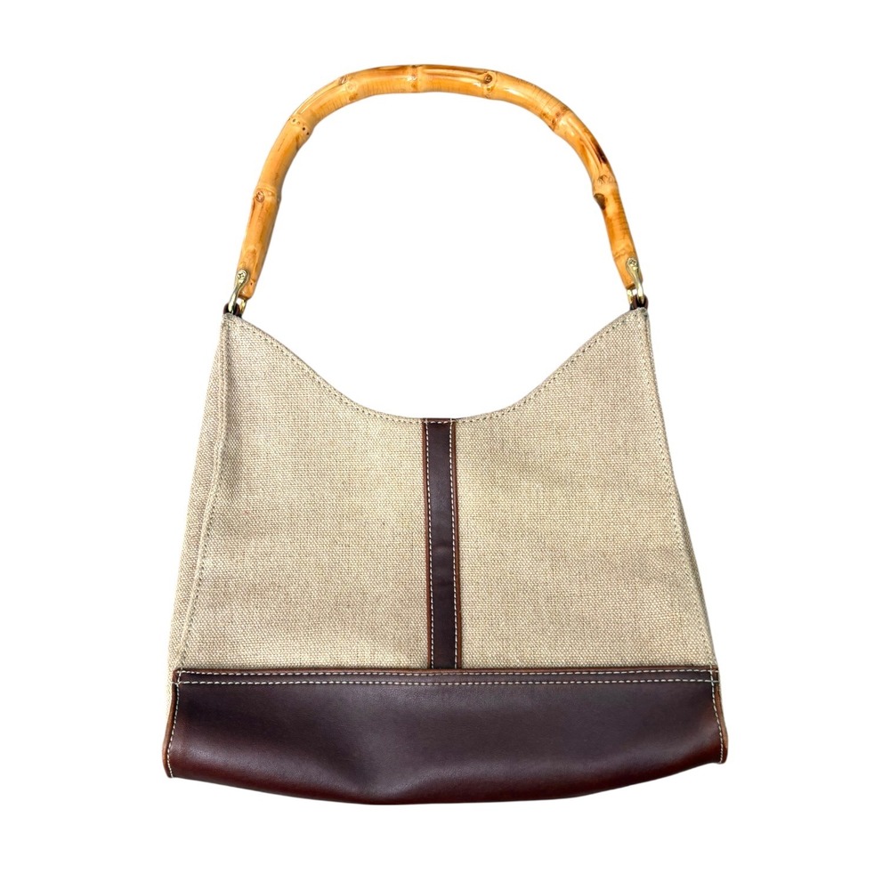 Mondani New York Canvas Leather Bamboo Handle Hobo Bag Brown Beige
